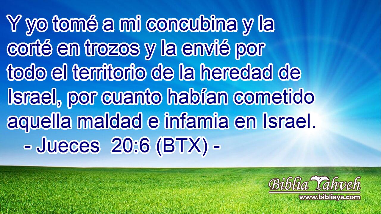 Y yo tomé a mi concubina y la corté en trozos y la envié por todo el territorio de la heredad de Israel, por cuanto habían cometido aquella maldad e infamia en Israel.
