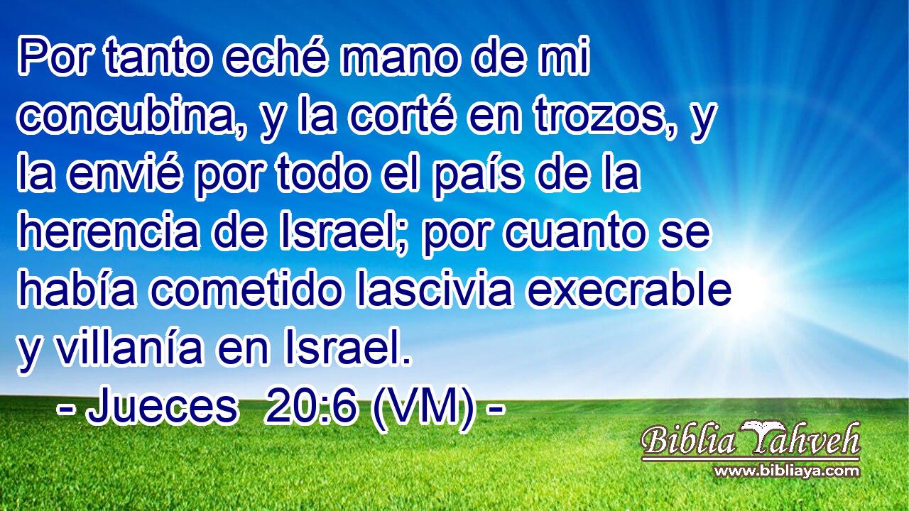  Por tanto eché mano de mi concubina, y la corté en trozos, y la envié por todo el país de la herencia de Israel; por cuanto se había cometido lascivia execrable y villanía en Israel. 