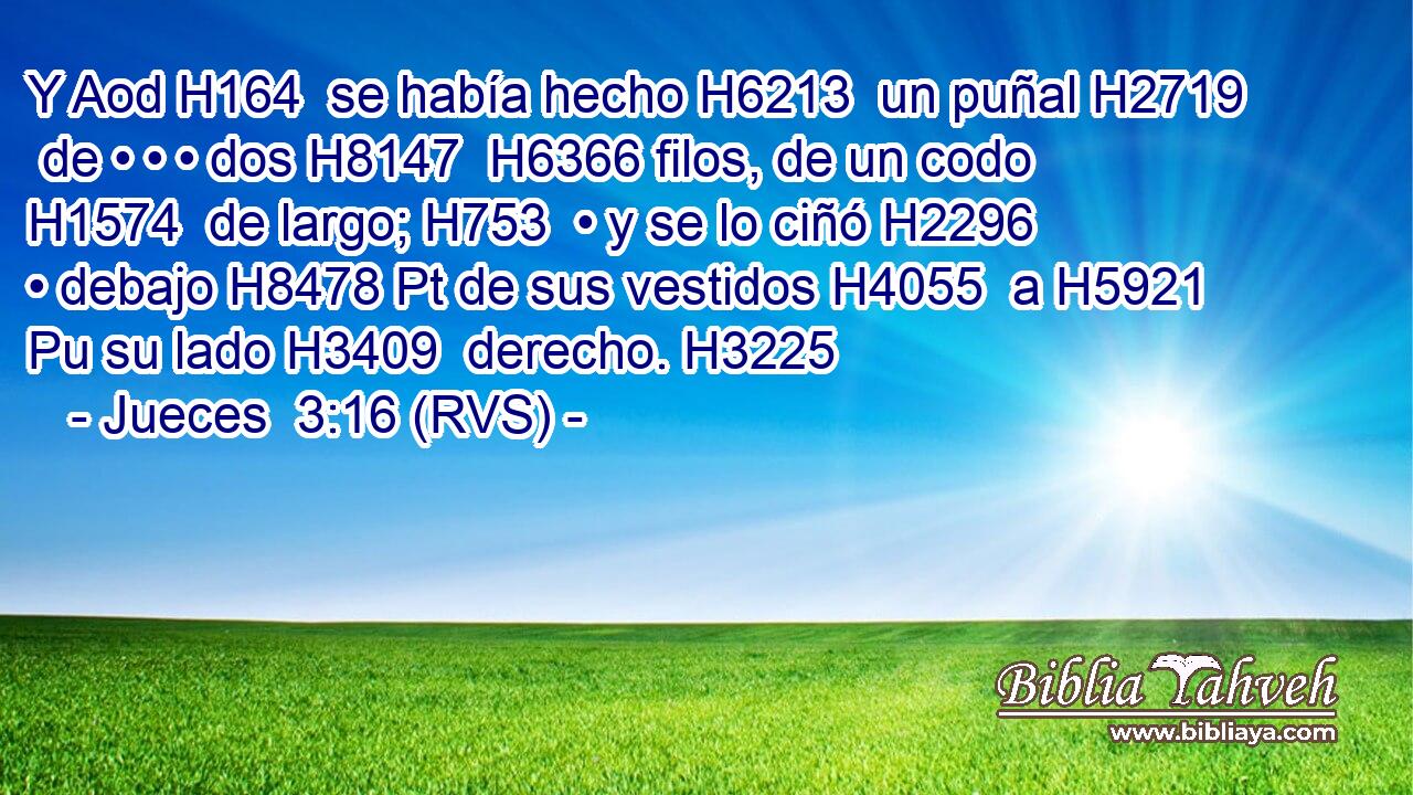 Y Aod H164  se había hecho H6213  un puñal H2719  de • • • dos H8147  H6366 filos, de un codo H1574  de largo; H753  • y se lo ciñó H2296  • debajo H8478 Pt de sus vestidos H4055  a H5921 Pu su lado H3409  derecho. H3225  