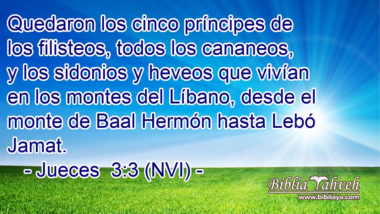  Quedaron los cinco príncipes de los filisteos, todos los cananeos, y los sidonios y heveos que vivían en los montes del Líbano, desde el monte de Baal Hermón hasta Lebó Jamat. 