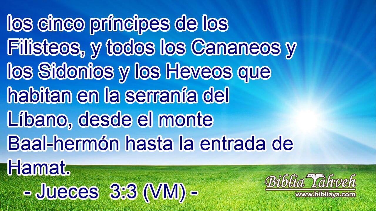  los cinco príncipes de los Filisteos, y todos los Cananeos y los Sidonios y los Heveos que habitan en la serranía del Líbano, desde el monte Baal-hermón hasta la entrada de Hamat. 