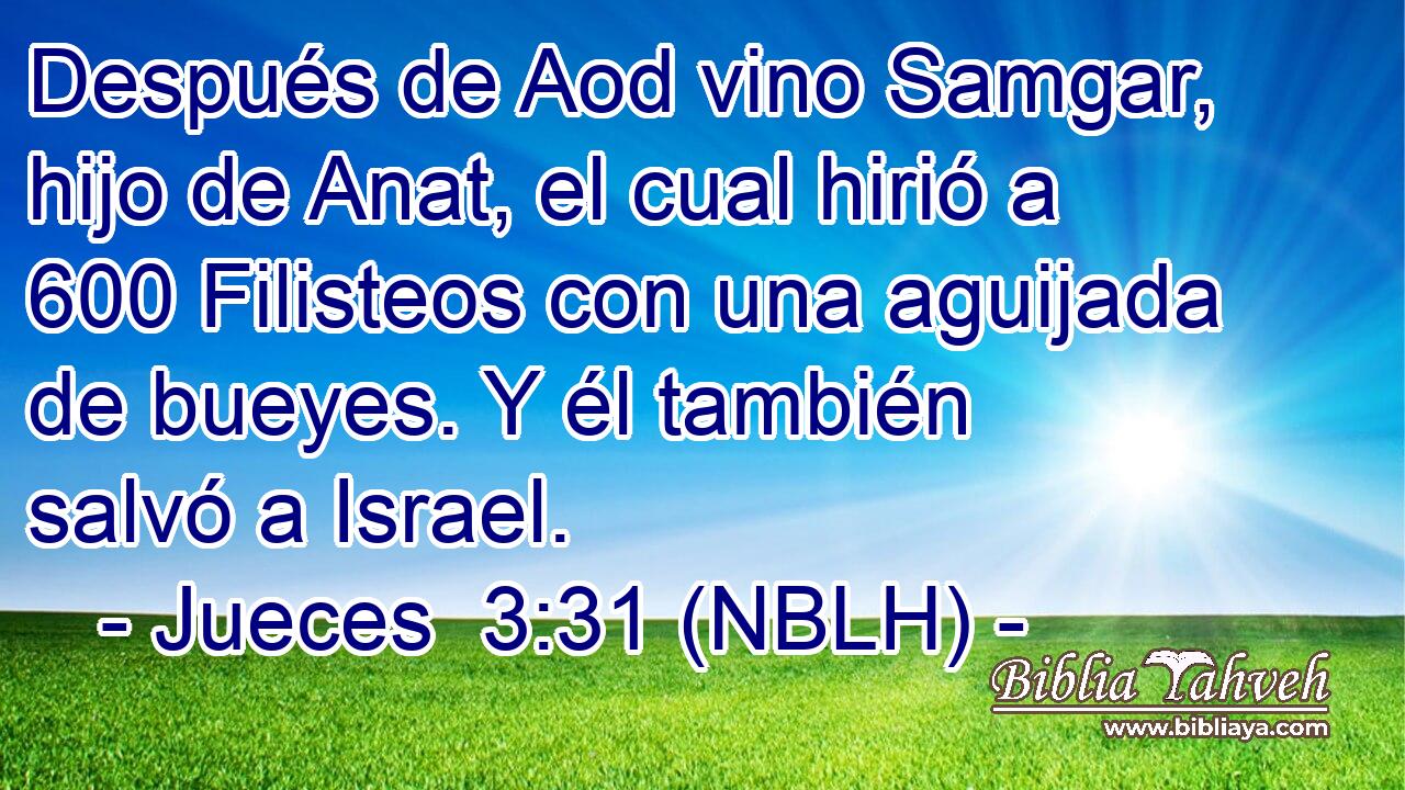  Después de Aod vino Samgar, hijo de Anat, el cual hirió a 600 Filisteos con una aguijada de bueyes. Y él también salvó a Israel. 