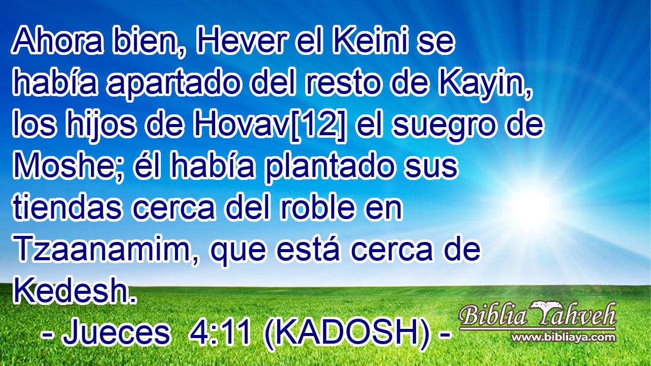  Ahora bien, Hever el Keini se había apartado del resto de Kayin, los hijos de Hovav[12] el suegro de Moshe; él había plantado sus tiendas cerca del roble en Tzaanamim, que está cerca de Kedesh. 