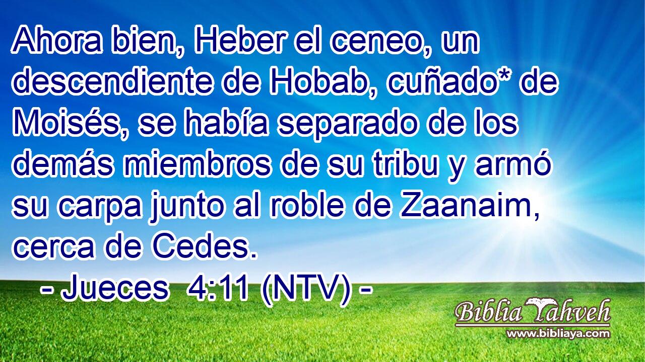 Ahora bien, Heber el ceneo, un descendiente de Hobab, cuñado* de Moisés, se había separado de los demás miembros de su tribu y armó su carpa junto al roble de Zaanaim, cerca de Cedes.