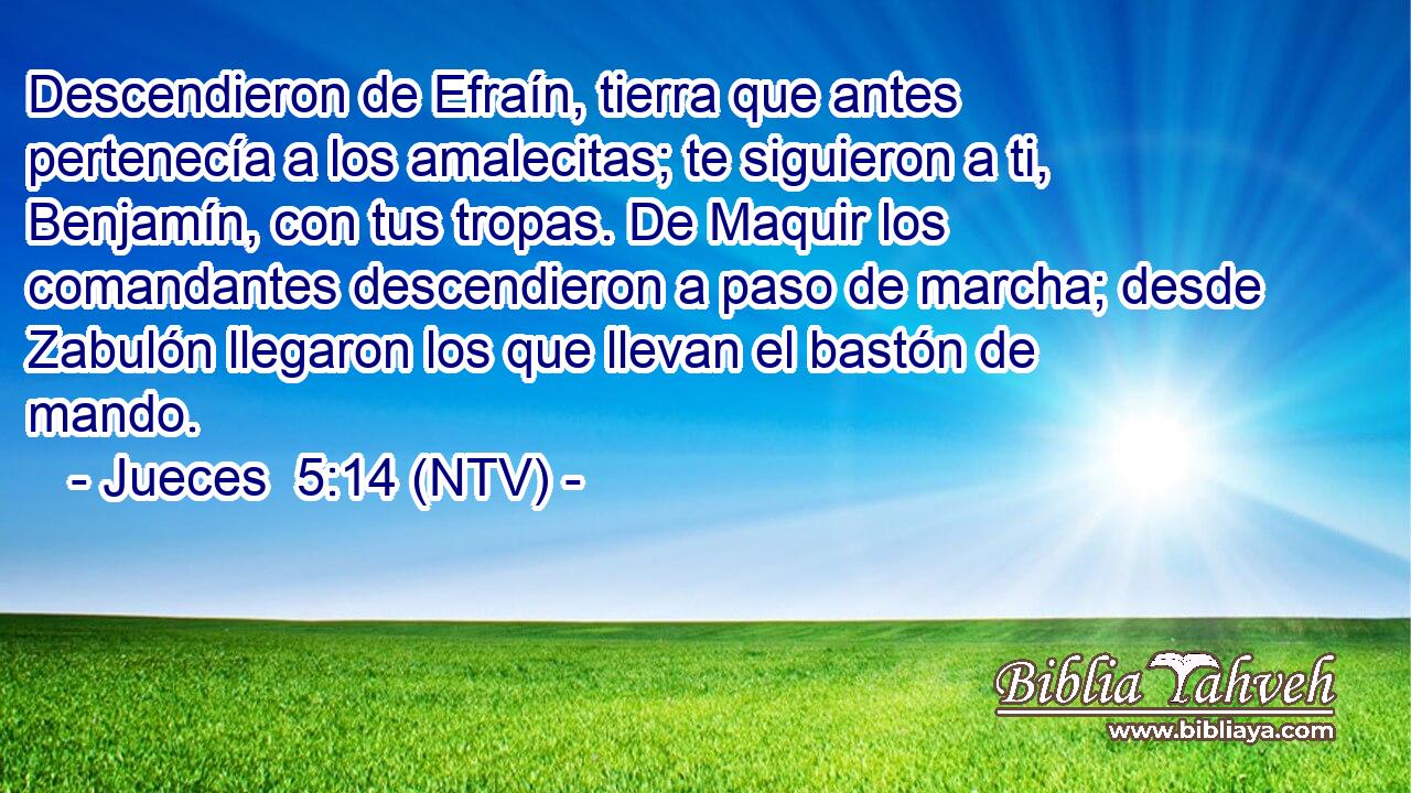 Descendieron de Efraín, tierra que antes pertenecía a los amalecitas; te siguieron a ti, Benjamín, con tus tropas. De Maquir los comandantes descendieron a paso de marcha; desde Zabulón llegaron los que llevan el bastón de mando.