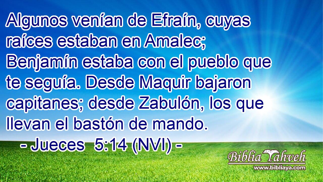  Algunos venían de Efraín, cuyas raíces estaban en Amalec; Benjamín estaba con el pueblo que te seguía. Desde Maquir bajaron capitanes; desde Zabulón, los que llevan el bastón de mando. 