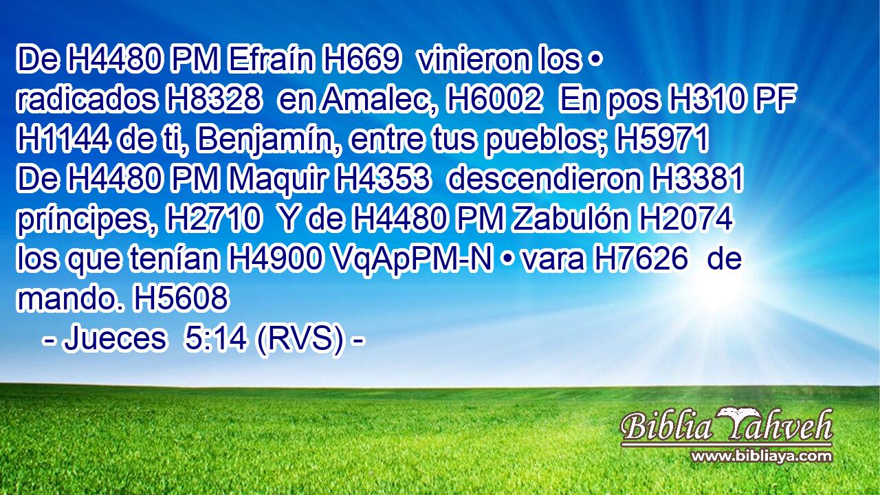De H4480 PM Efraín H669  vinieron los • radicados H8328  en Amalec, H6002  En pos H310 PF H1144 de ti, Benjamín, entre tus pueblos; H5971  De H4480 PM Maquir H4353  descendieron H3381  príncipes, H2710  Y de H4480 PM Zabulón H2074  los que tenían H4900 VqApPM-N • vara H7626  de mando. H5608  