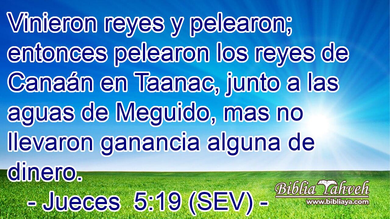 Vinieron reyes y pelearon; entonces pelearon los reyes de Canaán en Taanac, junto a las aguas de Meguido, mas no llevaron ganancia alguna de dinero.