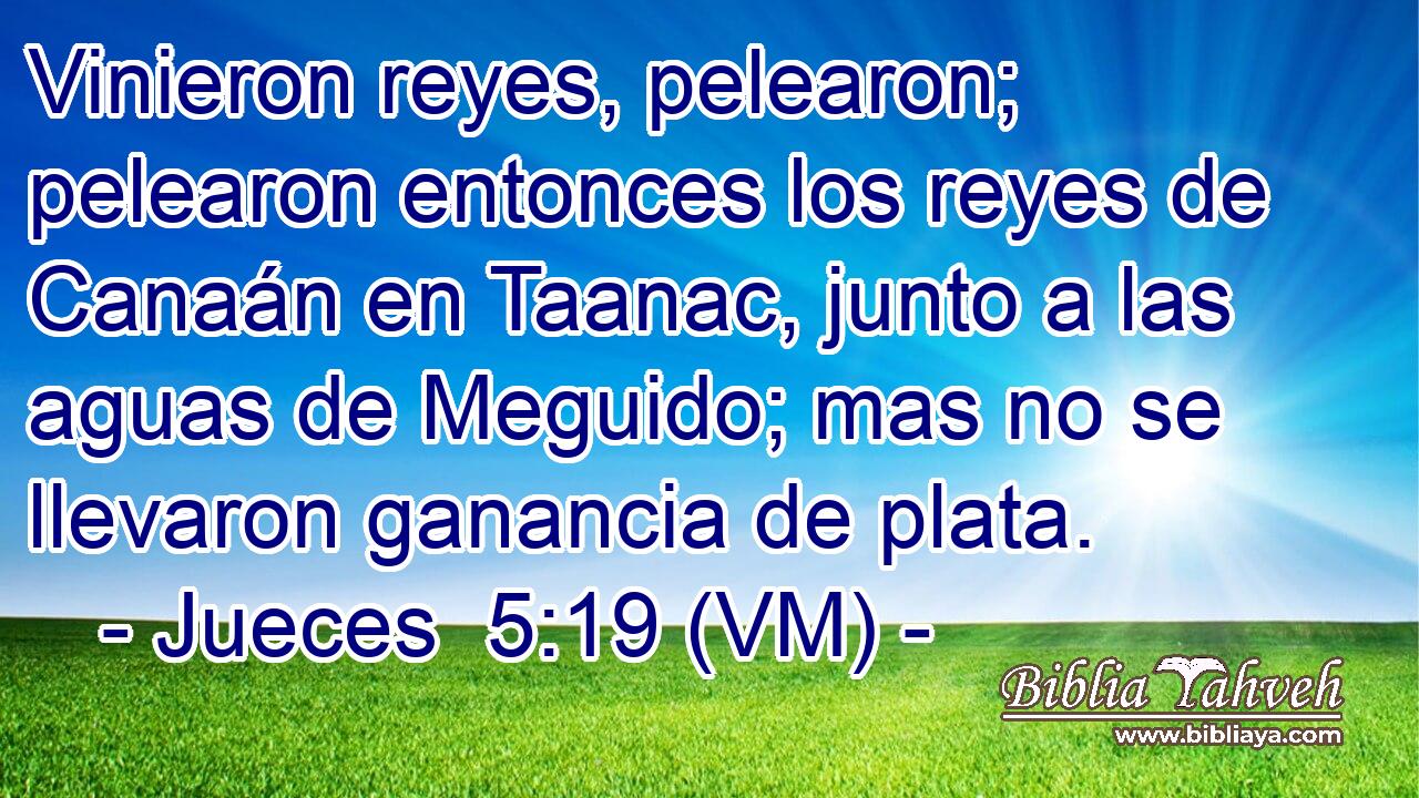  Vinieron reyes, pelearon; pelearon entonces los reyes de Canaán en Taanac, junto a las aguas de Meguido; mas no se llevaron ganancia de plata. 