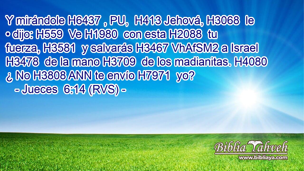 Y mirándole H6437 , PU,  H413 Jehová, H3068  le • dijo: H559  Ve H1980  con esta H2088  tu fuerza, H3581  y salvarás H3467 VhAfSM2 a Israel H3478  de la mano H3709  de los madianitas. H4080  ¿ No H3808 ANN te envío H7971  yo? 