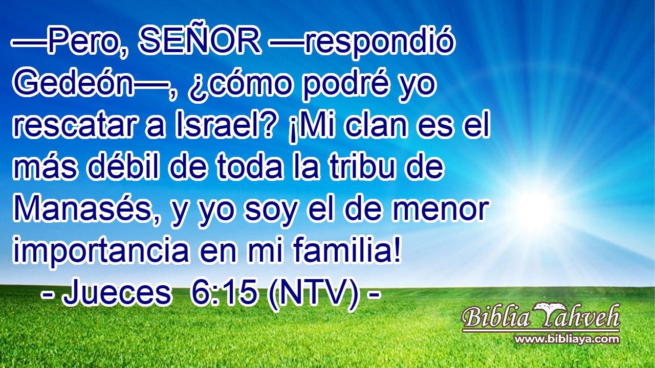 —Pero, SEÑOR —respondió Gedeón—, ¿cómo podré yo rescatar a Israel? ¡Mi clan es el más débil de toda la tribu de Manasés, y yo soy el de menor importancia en mi familia!