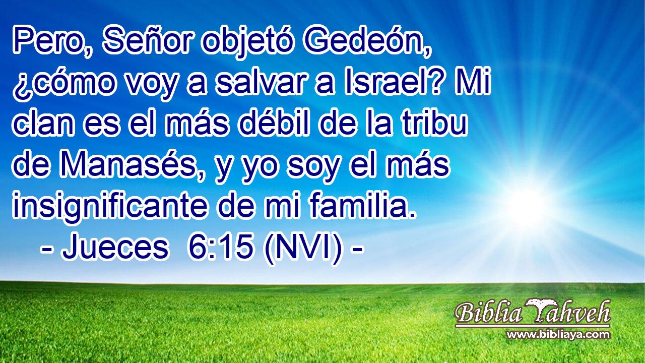  Pero, Señor objetó Gedeón, ¿cómo voy a salvar a Israel? Mi clan es el más débil de la tribu de Manasés, y yo soy el más insignificante de mi familia. 