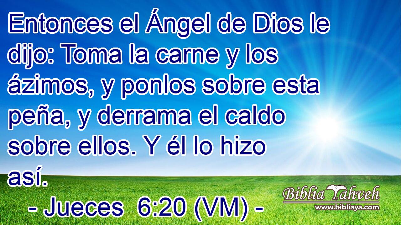  Entonces el Ángel de Dios le dijo: Toma la carne y los ázimos, y ponlos sobre esta peña, y derrama el caldo sobre ellos. Y él lo hizo así. 