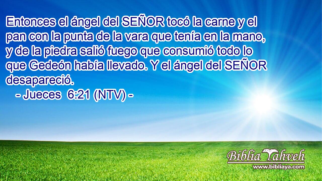 Entonces el ángel del SEÑOR tocó la carne y el pan con la punta de la vara que tenía en la mano, y de la piedra salió fuego que consumió todo lo que Gedeón había llevado. Y el ángel del SEÑOR desapareció.