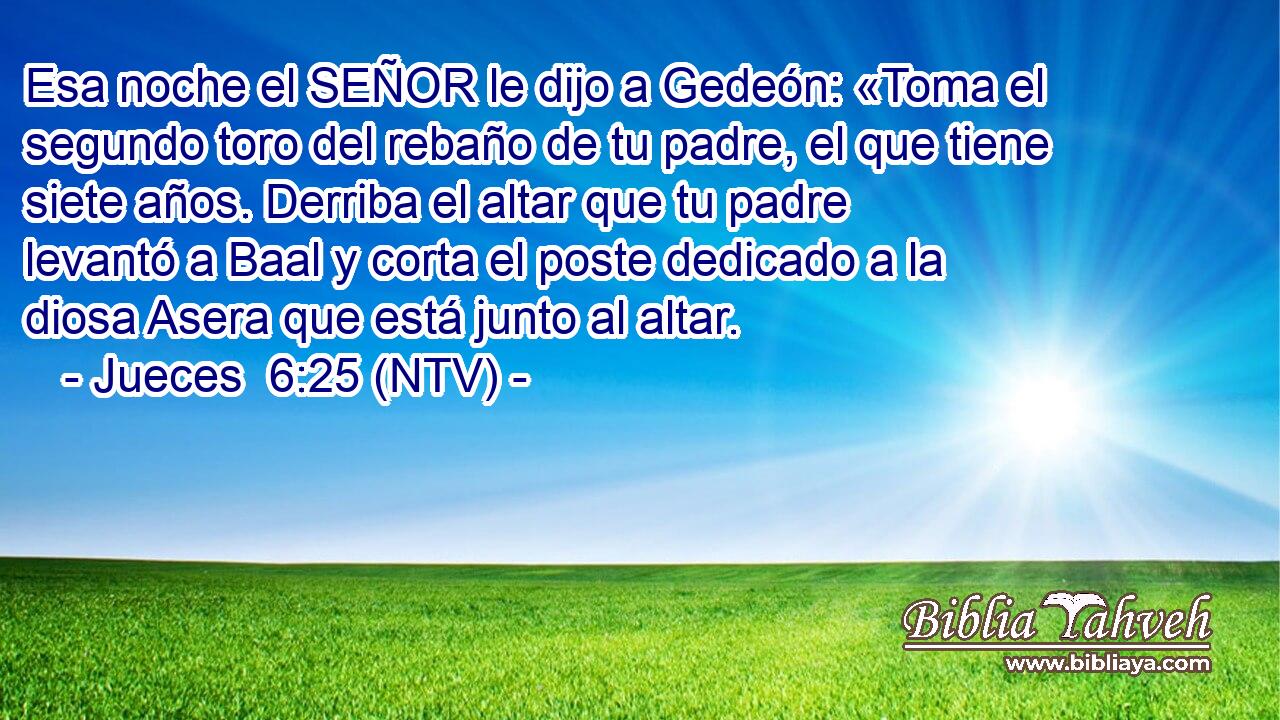 Esa noche el SEÑOR le dijo a Gedeón: «Toma el segundo toro del rebaño de tu padre, el que tiene siete años. Derriba el altar que tu padre levantó a Baal y corta el poste dedicado a la diosa Asera que está junto al altar.