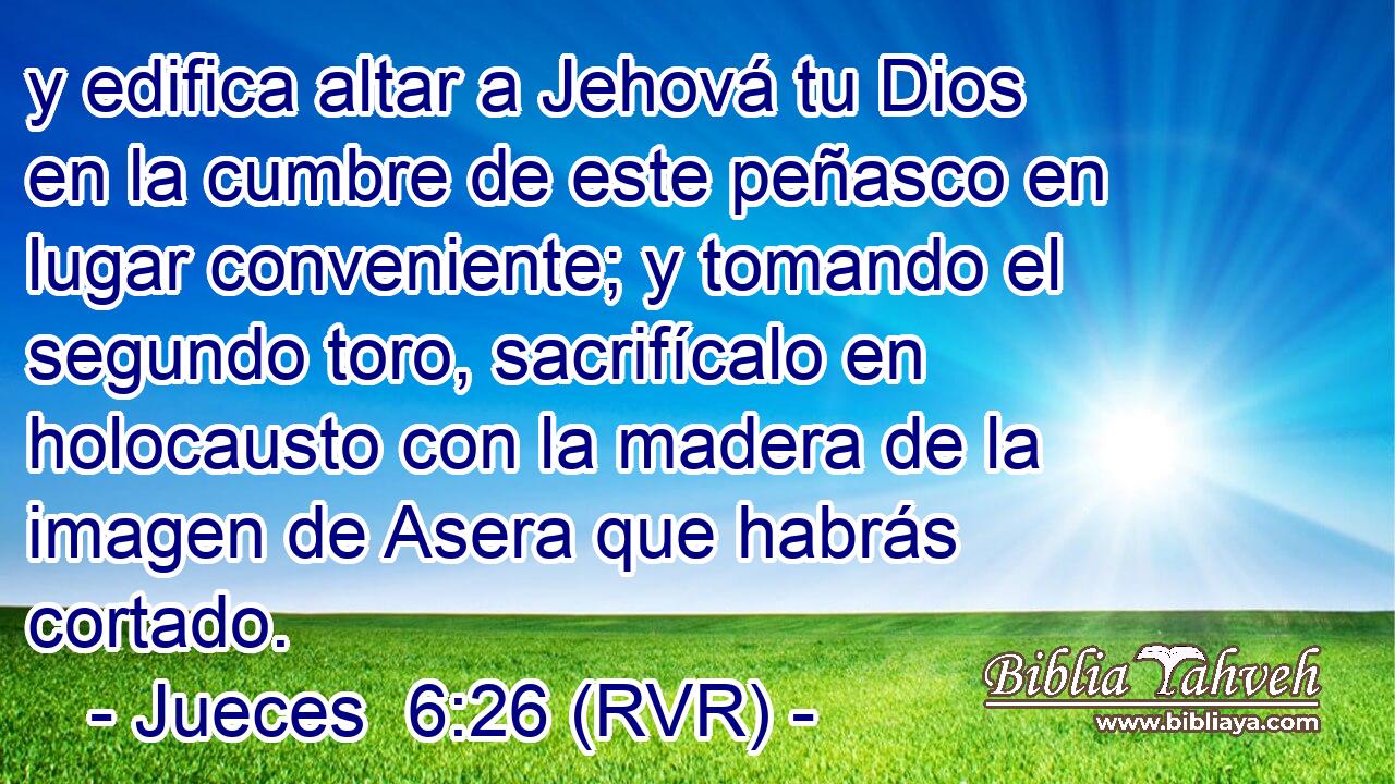 y edifica altar a Jehová tu Dios en la cumbre de este peñasco en lugar conveniente; y tomando el segundo toro, sacrifícalo en holocausto con la madera de la imagen de Asera que habrás cortado.