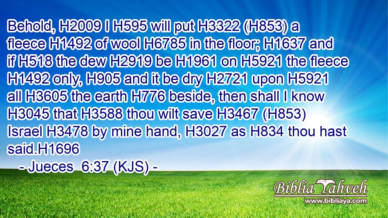 Behold, H2009 I H595 will put H3322 (H853) a fleece H1492 of wool H6785 in the floor; H1637 and if H518 the dew H2919 be H1961 on H5921 the fleece H1492 only, H905 and it be dry H2721 upon H5921 all H3605 the earth H776 beside, then shall I know H3045 that H3588 thou wilt save H3467 (H853) Israel H3478 by mine hand, H3027 as H834 thou hast said.H1696