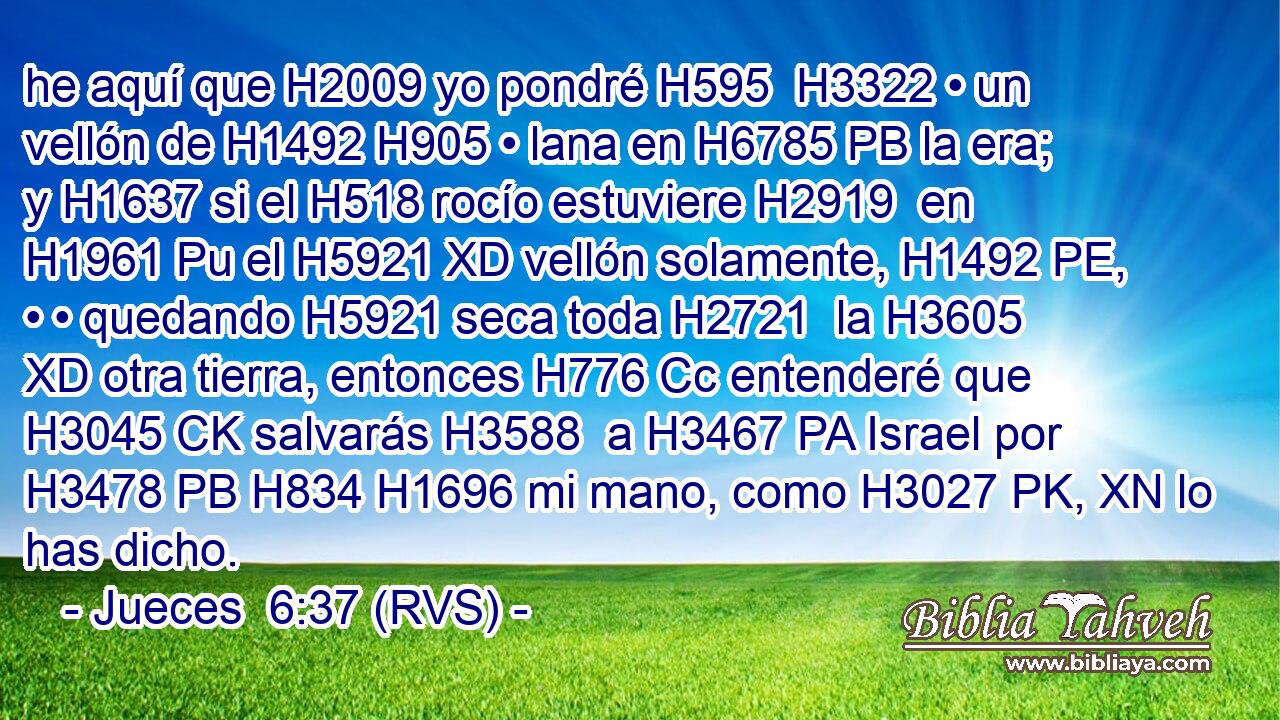 he aquí que H2009 yo pondré H595  H3322 • un vellón de H1492 H905 • lana en H6785 PB la era; y H1637 si el H518 rocío estuviere H2919  en H1961 Pu el H5921 XD vellón solamente, H1492 PE,  • • quedando H5921 seca toda H2721  la H3605 XD otra tierra, entonces H776 Cc entenderé que H3045 CK salvarás H3588  a H3467 PA Israel por H3478 PB H834 H1696 mi mano, como H3027 PK, XN lo has dicho. 