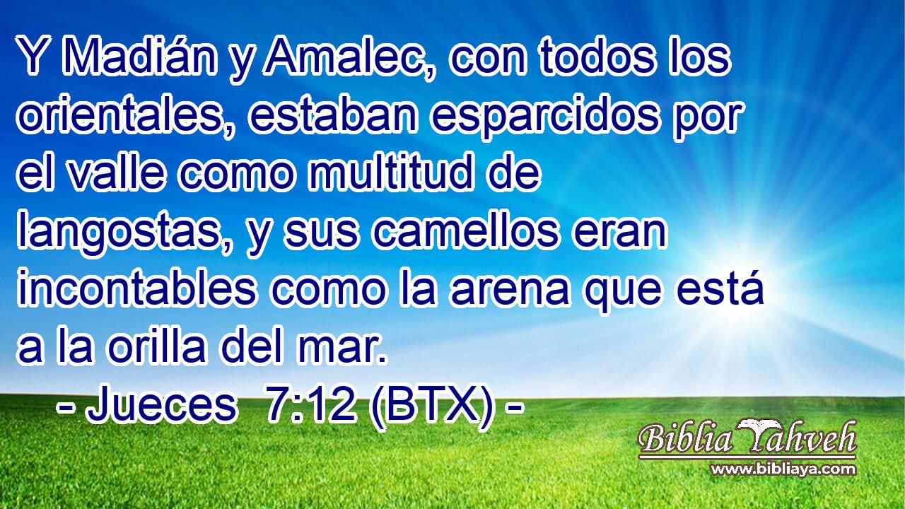 Y Madián y Amalec, con todos los orientales, estaban esparcidos por el valle como multitud de langostas, y sus camellos eran incontables como la arena que está a la orilla del mar.