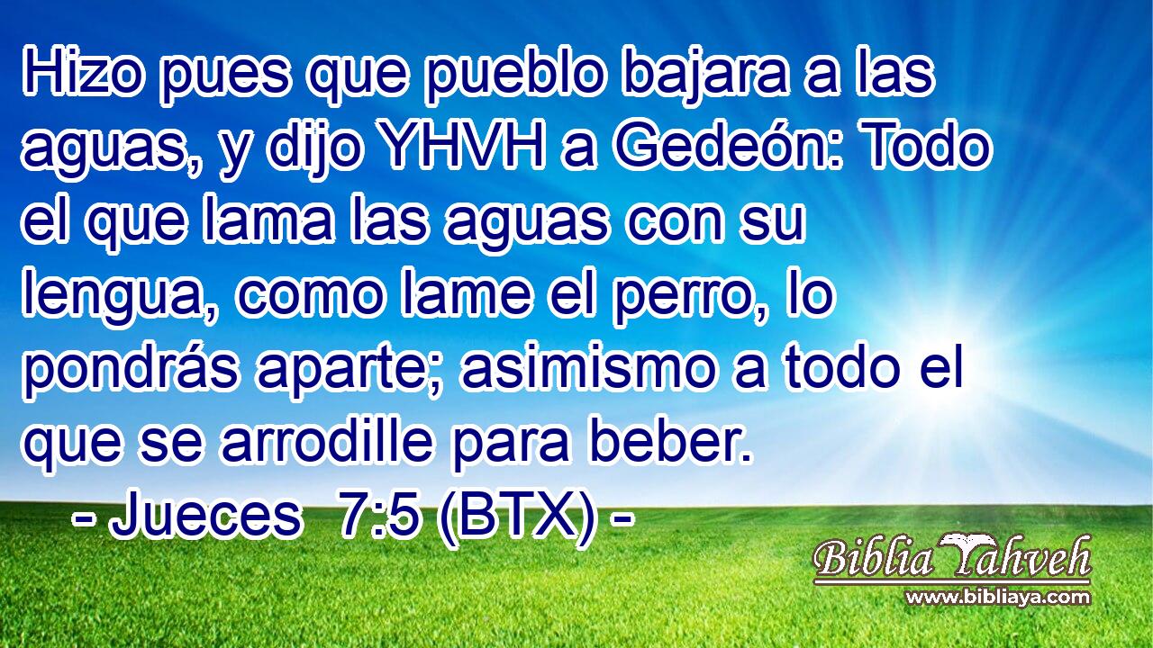 Hizo pues que pueblo bajara a las aguas, y dijo YHVH a Gedeón: Todo el que lama las aguas con su lengua, como lame el perro, lo pondrás aparte; asimismo a todo el que se arrodille para beber.
