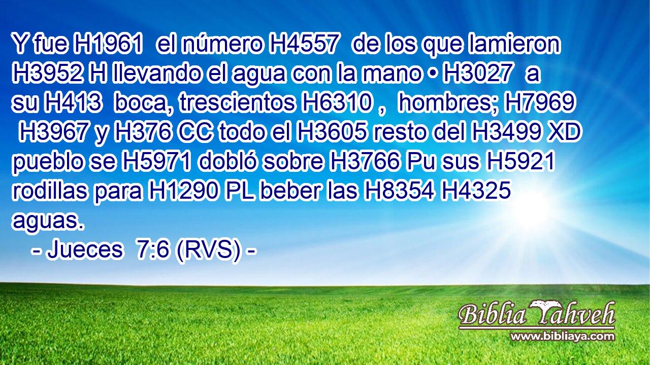 Y fue H1961  el número H4557  de los que lamieron H3952 H llevando el agua con la mano • H3027  a su H413  boca, trescientos H6310 ,  hombres; H7969  H3967 y H376 CC todo el H3605 resto del H3499 XD pueblo se H5971 dobló sobre H3766 Pu sus H5921  rodillas para H1290 PL beber las H8354 H4325 aguas. 