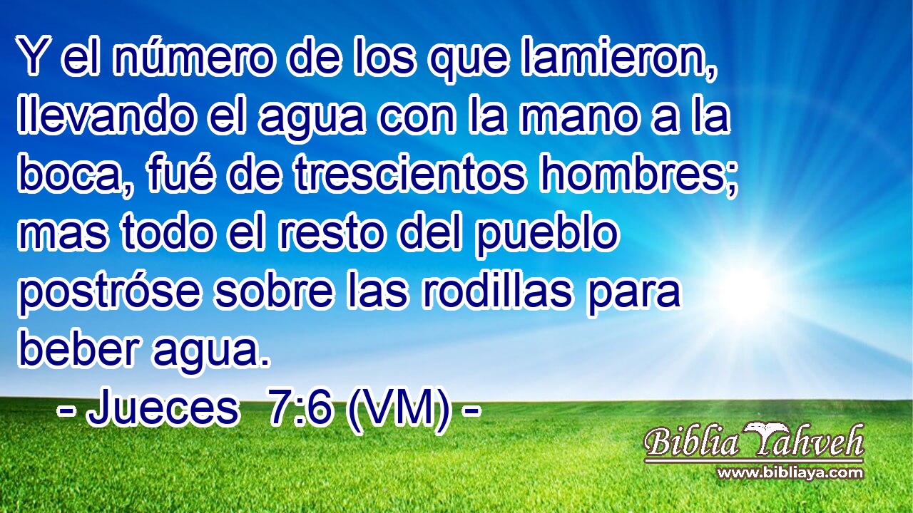  Y el número de los que lamieron, llevando el agua con la mano a la boca, fué de trescientos hombres; mas todo el resto del pueblo postróse sobre las rodillas para beber agua. 