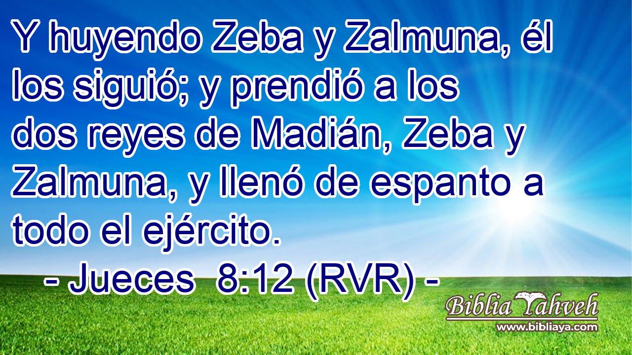 Y huyendo Zeba y Zalmuna, él los siguió; y prendió a los dos reyes de Madián, Zeba y Zalmuna, y llenó de espanto a todo el ejército.