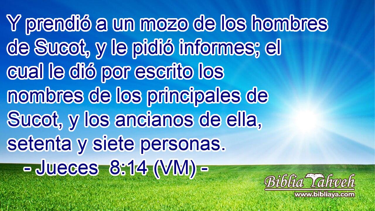  Y prendió a un mozo de los hombres de Sucot, y le pidió informes; el cual le dió por escrito los nombres de los principales de Sucot, y los ancianos de ella, setenta y siete personas. 
