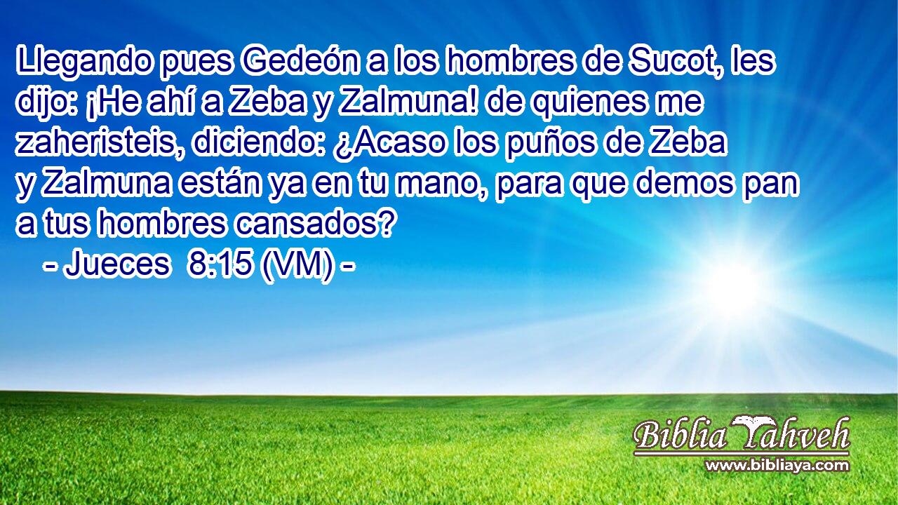  Llegando pues Gedeón a los hombres de Sucot, les dijo: ¡He ahí a Zeba y Zalmuna! de quienes me zaheristeis, diciendo: ¿Acaso los puños de Zeba y Zalmuna están ya en tu mano, para que demos pan a tus hombres cansados? 