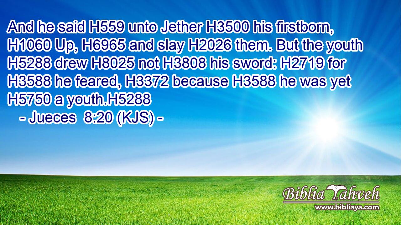 And he said H559 unto Jether H3500 his firstborn, H1060 Up, H6965 and slay H2026 them. But the youth H5288 drew H8025 not H3808 his sword: H2719 for H3588 he feared, H3372 because H3588 he was yet H5750 a youth.H5288