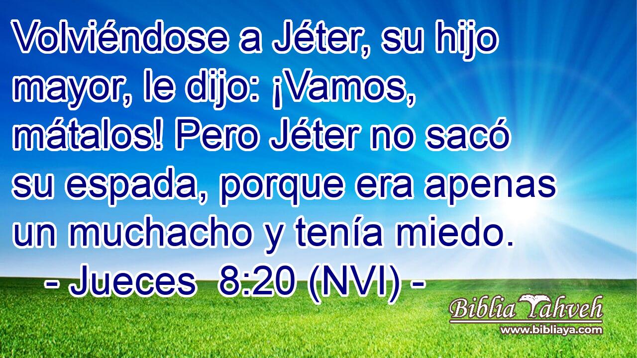  Volviéndose a Jéter, su hijo mayor, le dijo: ¡Vamos, mátalos! Pero Jéter no sacó su espada, porque era apenas un muchacho y tenía miedo. 