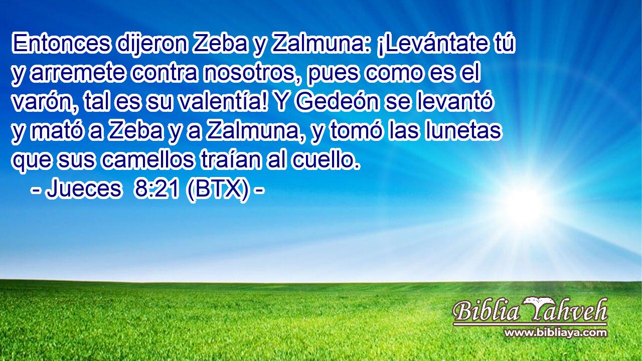 Entonces dijeron Zeba y Zalmuna: ¡Levántate tú y arremete contra nosotros, pues como es el varón, tal es su valentía! Y Gedeón se levantó y mató a Zeba y a Zalmuna, y tomó las lunetas que sus camellos traían al cuello.