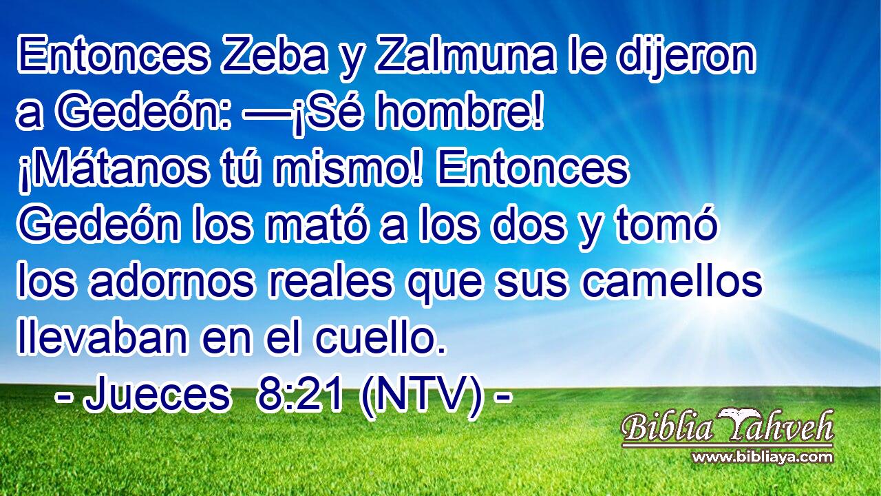 Entonces Zeba y Zalmuna le dijeron a Gedeón: —¡Sé hombre! ¡Mátanos tú mismo! Entonces Gedeón los mató a los dos y tomó los adornos reales que sus camellos llevaban en el cuello.