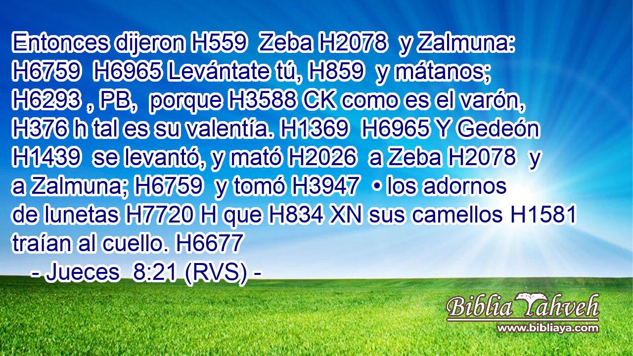 Entonces dijeron H559  Zeba H2078  y Zalmuna: H6759  H6965 Levántate tú, H859  y mátanos; H6293 , PB,  porque H3588 CK como es el varón, H376 h tal es su valentía. H1369  H6965 Y Gedeón H1439  se levantó, y mató H2026  a Zeba H2078  y a Zalmuna; H6759  y tomó H3947  • los adornos de lunetas H7720 H que H834 XN sus camellos H1581  traían al cuello. H6677  
