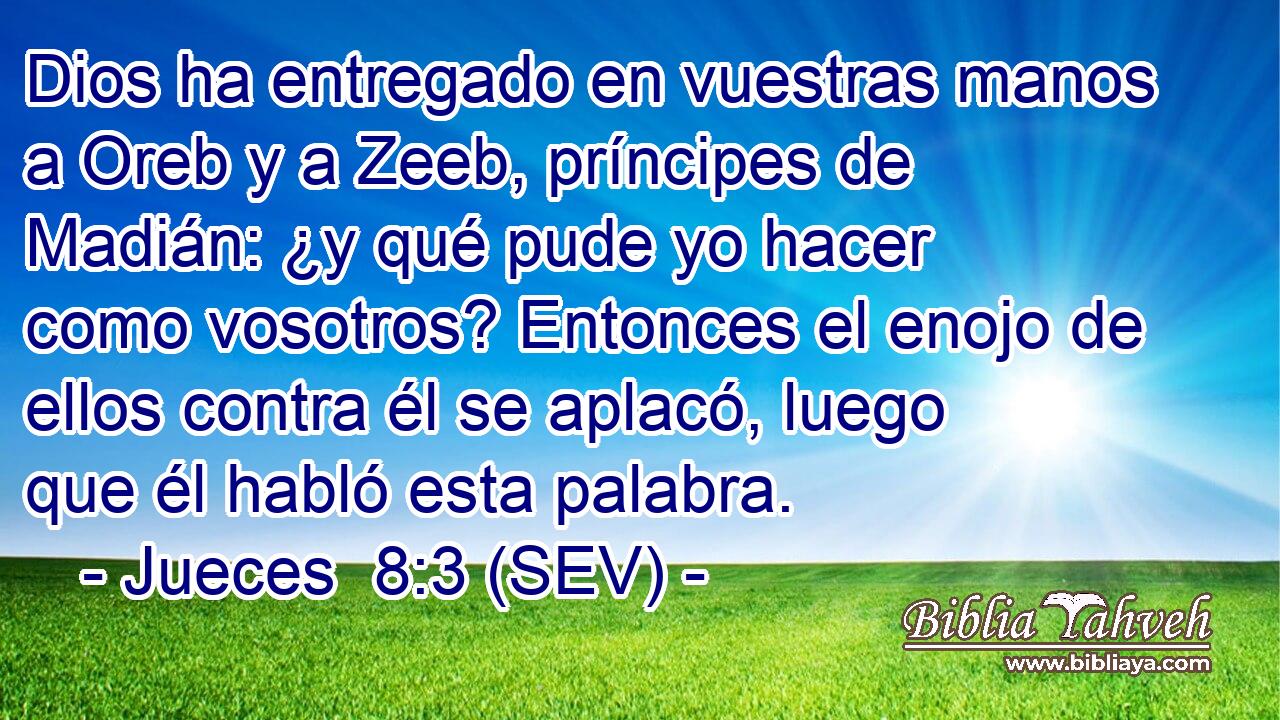 Dios ha entregado en vuestras manos a Oreb y a Zeeb, príncipes de Madián: ¿y qué pude yo hacer como vosotros? Entonces el enojo de ellos contra él se aplacó, luego que él habló esta palabra.