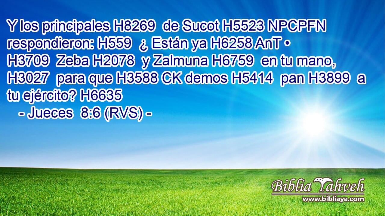 Y los principales H8269  de Sucot H5523 NPCPFN respondieron: H559  ¿ Están ya H6258 AnT • H3709  Zeba H2078  y Zalmuna H6759  en tu mano, H3027  para que H3588 CK demos H5414  pan H3899  a tu ejército? H6635  