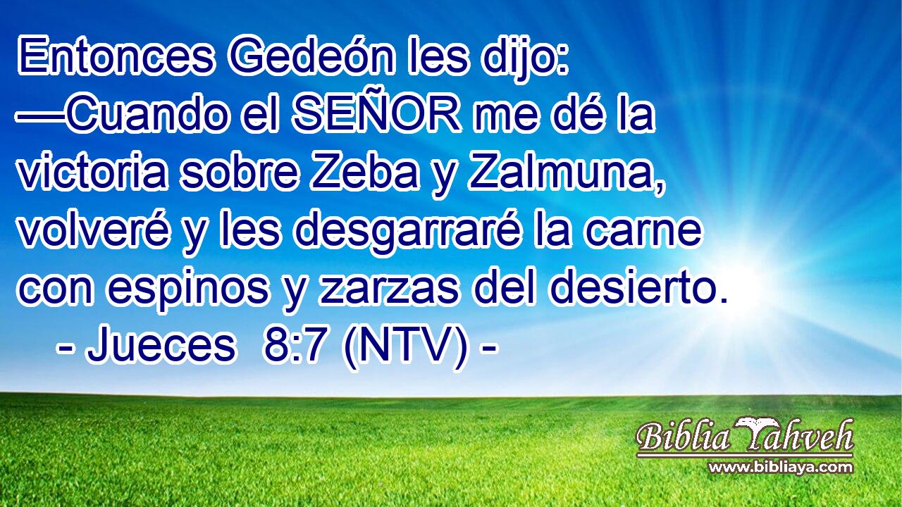 Entonces Gedeón les dijo: —Cuando el SEÑOR me dé la victoria sobre Zeba y Zalmuna, volveré y les desgarraré la carne con espinos y zarzas del desierto.
