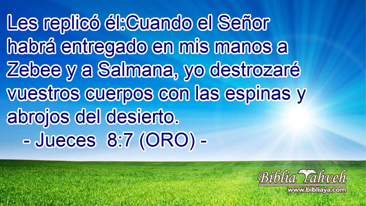  Les replicó él:Cuando el Señor habrá entregado en mis manos a Zebee y a Salmana, yo destrozaré vuestros cuerpos con las espinas y abrojos del desierto. 