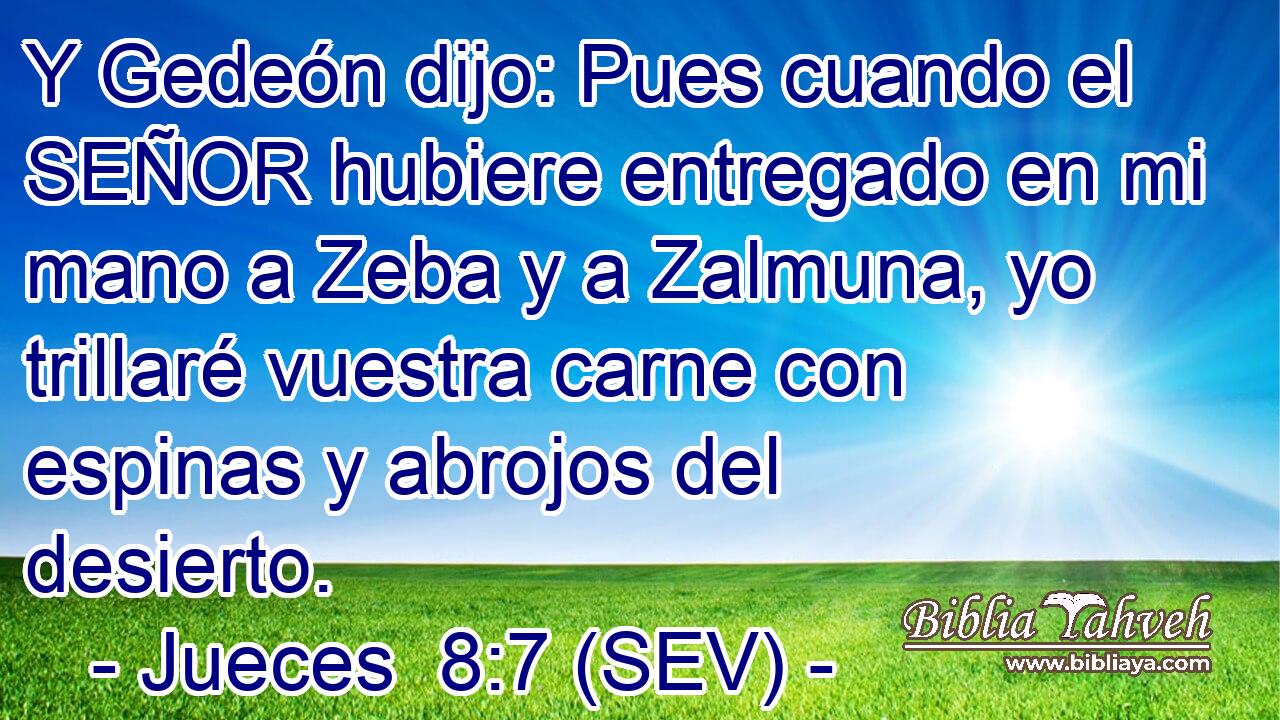 Y Gedeón dijo: Pues cuando el SEÑOR hubiere entregado en mi mano a Zeba y a Zalmuna, yo trillaré vuestra carne con espinas y abrojos del desierto.