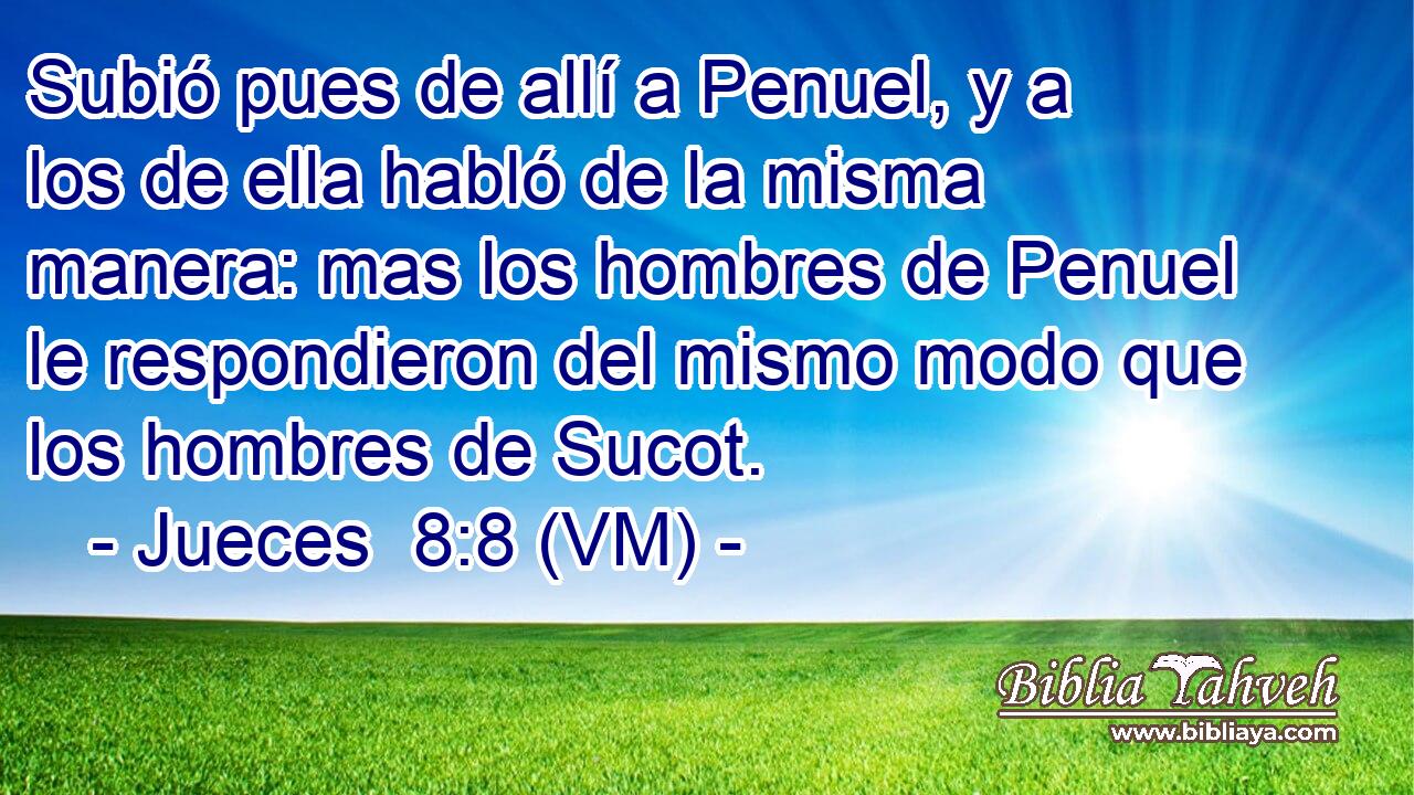  Subió pues de allí a Penuel, y a los de ella habló de la misma manera: mas los hombres de Penuel le respondieron del mismo modo que los hombres de Sucot. 