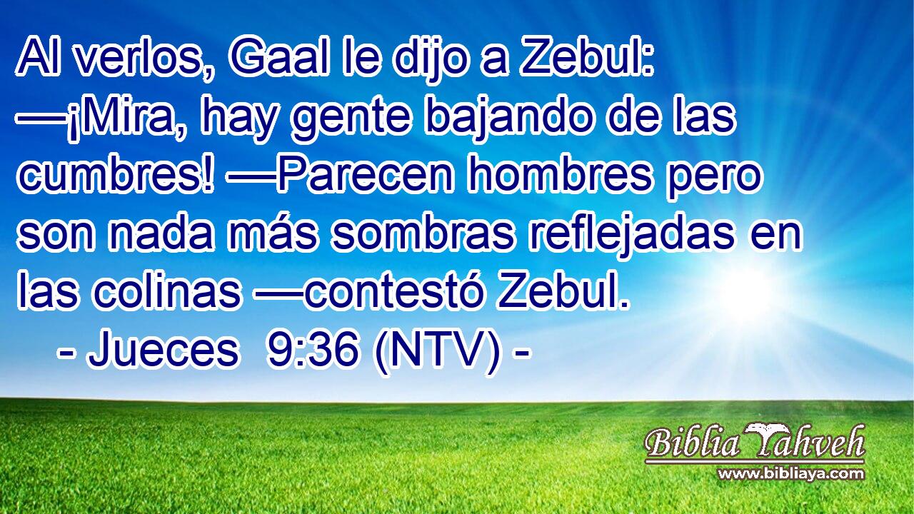 Al verlos, Gaal le dijo a Zebul: —¡Mira, hay gente bajando de las cumbres! —Parecen hombres pero son nada más sombras reflejadas en las colinas —contestó Zebul.