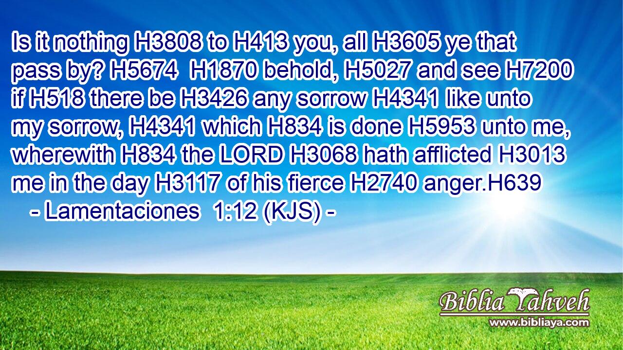 Is it nothing H3808 to H413 you, all H3605 ye that pass by? H5674  H1870 behold, H5027 and see H7200 if H518 there be H3426 any sorrow H4341 like unto my sorrow, H4341 which H834 is done H5953 unto me, wherewith H834 the LORD H3068 hath afflicted H3013 me in the day H3117 of his fierce H2740 anger.H639