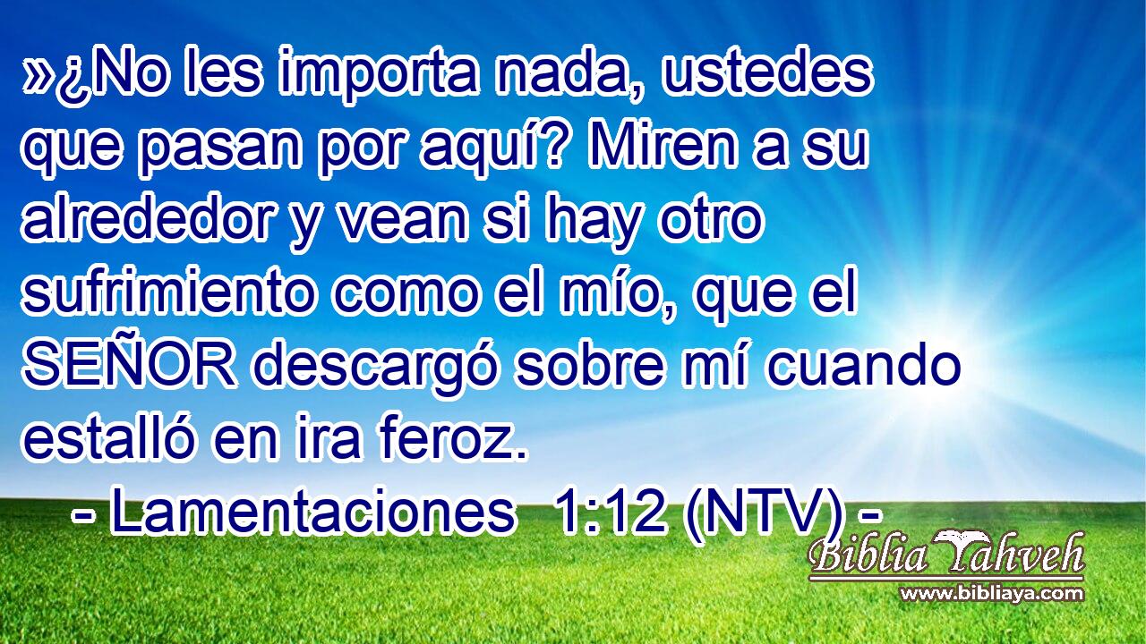 »¿No les importa nada, ustedes que pasan por aquí? Miren a su alrededor y vean si hay otro sufrimiento como el mío, que el SEÑOR descargó sobre mí cuando estalló en ira feroz.