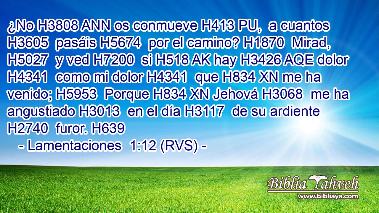 ¿No H3808 ANN os conmueve H413 PU,  a cuantos H3605  pasáis H5674  por el camino? H1870  Mirad, H5027  y ved H7200  si H518 AK hay H3426 AQE dolor H4341  como mi dolor H4341  que H834 XN me ha venido; H5953  Porque H834 XN Jehová H3068  me ha angustiado H3013  en el día H3117  de su ardiente H2740  furor. H639  