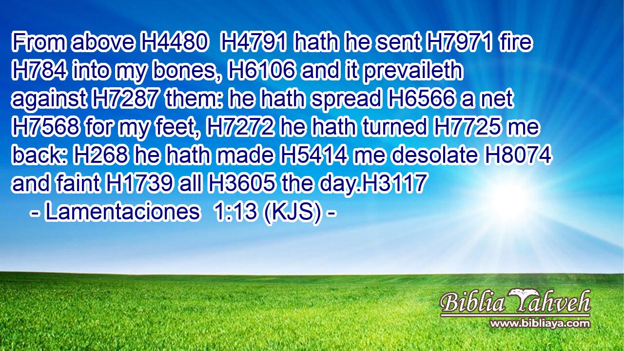 From above H4480  H4791 hath he sent H7971 fire H784 into my bones, H6106 and it prevaileth against H7287 them: he hath spread H6566 a net H7568 for my feet, H7272 he hath turned H7725 me back: H268 he hath made H5414 me desolate H8074 and faint H1739 all H3605 the day.H3117