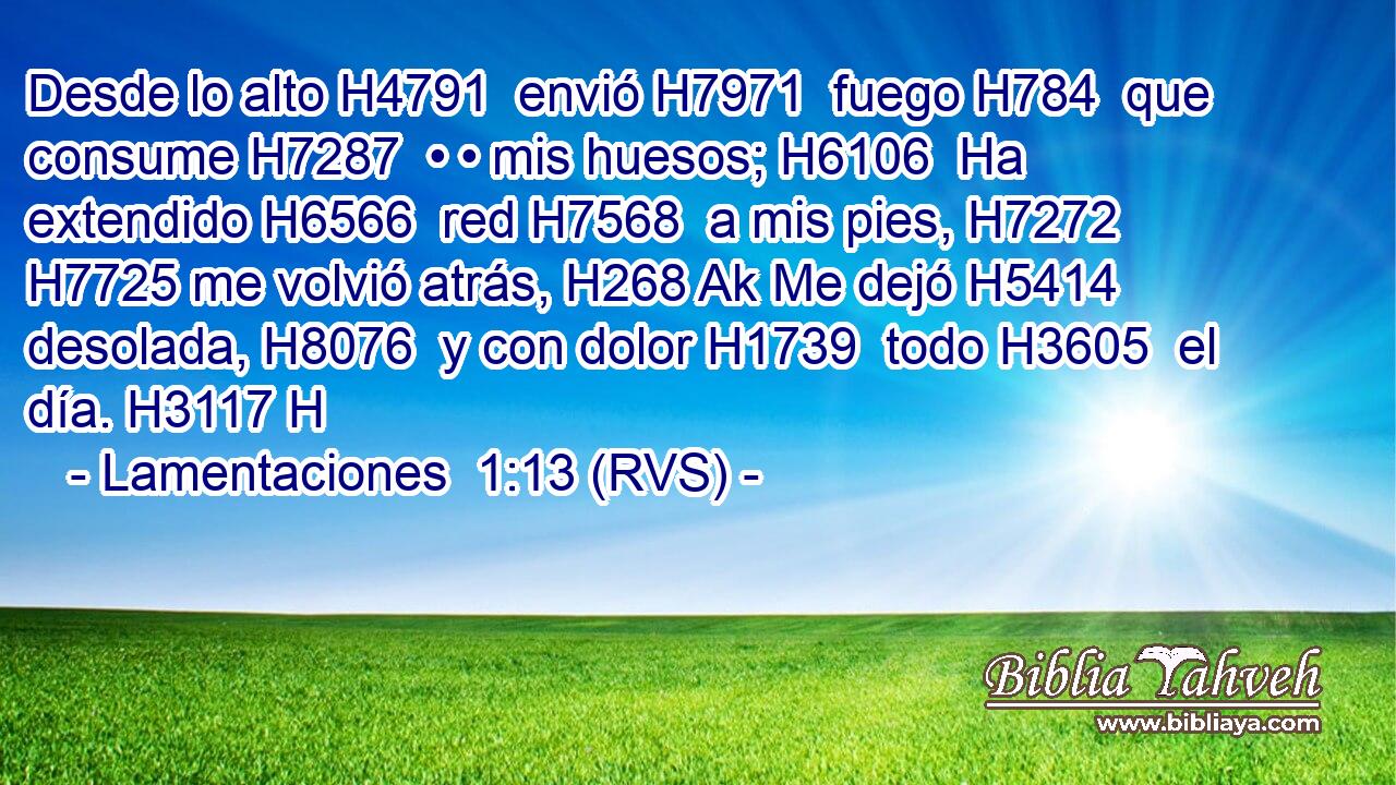 Desde lo alto H4791  envió H7971  fuego H784  que consume H7287  • • mis huesos; H6106  Ha extendido H6566  red H7568  a mis pies, H7272  H7725 me volvió atrás, H268 Ak Me dejó H5414  desolada, H8076  y con dolor H1739  todo H3605  el día. H3117 H 