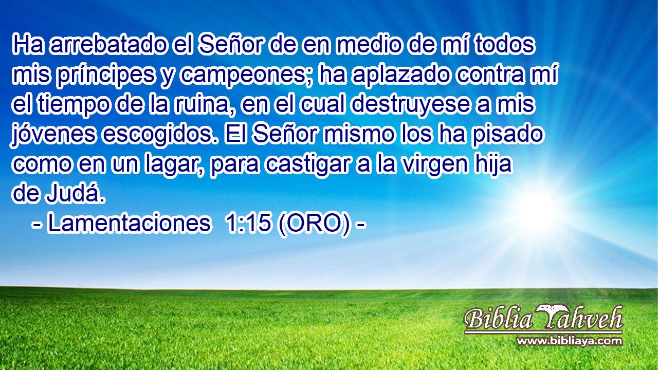  Ha arrebatado el Señor de en medio de mí todos mis príncipes y campeones; ha aplazado contra mí el tiempo de la ruina, en el cual destruyese a mis jóvenes escogidos. El Señor mismo los ha pisado como en un lagar, para castigar a la virgen hija de Judá. 