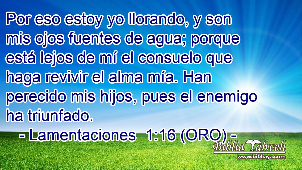  Por eso estoy yo llorando, y son mis ojos fuentes de agua; porque está lejos de mí el consuelo que haga revivir el alma mía. Han perecido mis hijos, pues el enemigo ha triunfado. 
