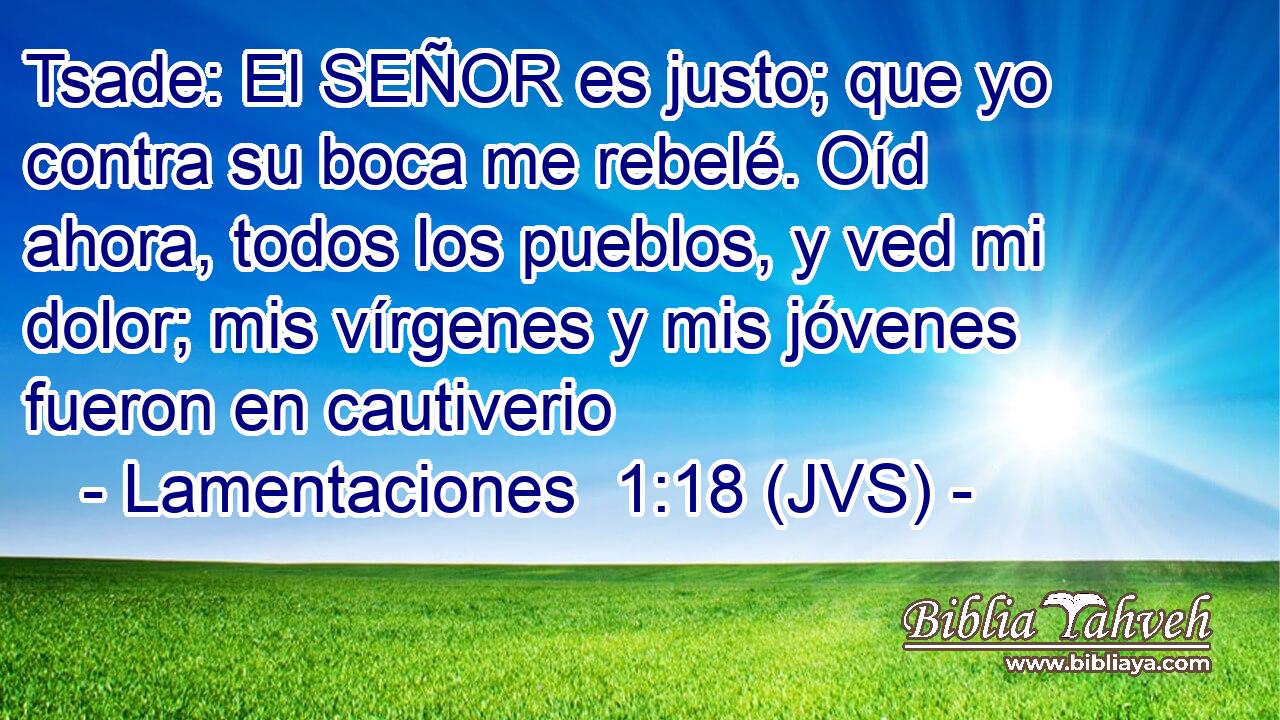 Tsade: El SEÑOR es justo; que yo contra su boca me rebelé. Oíd ahora, todos los pueblos, y ved mi dolor; mis vírgenes y mis jóvenes fueron en cautiverio