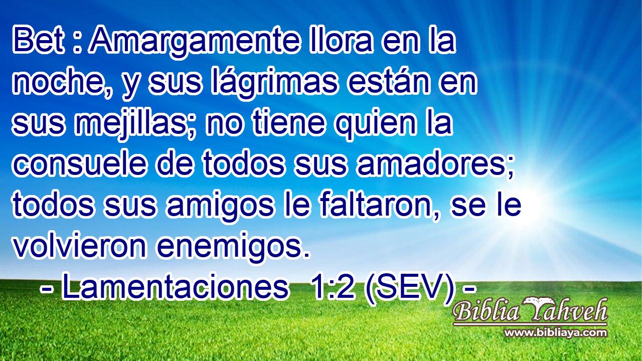 Bet : Amargamente llora en la noche, y sus lágrimas están en sus mejillas; no tiene quien la consuele de todos sus amadores; todos sus amigos le faltaron, se le volvieron enemigos.